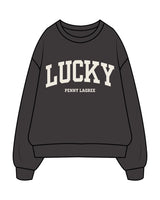 The Mens Crewneck - Washed Black - Lucky Penny - Center Chest Arc Stacked - Printed - Cream