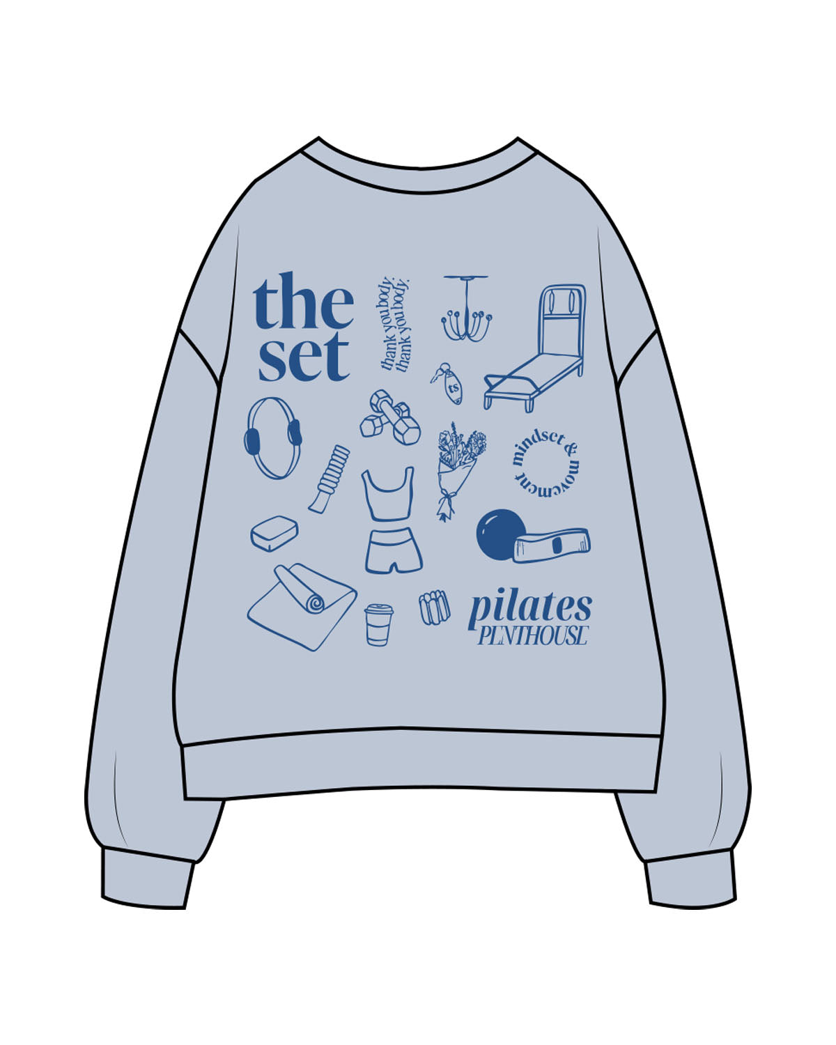 The Womens Crewneck - Powder - Set Studio - Left Chest & Full Back - Printed - Blue