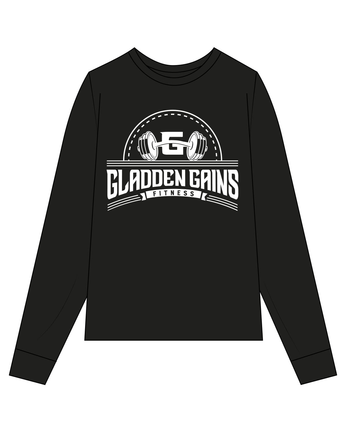 The Mens Long Sleeve - Black - Gladden Gains - Center Chest Stacked - White