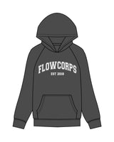 The Mens Hoodie - Washed Black - Flowcorps - Center Chest Stacked - White