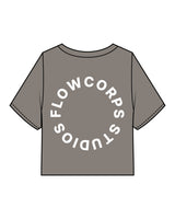 The Heavyweight Crop Tee - Washed Gray - Flowcorps - Left Chest Stacked & Back Round - White