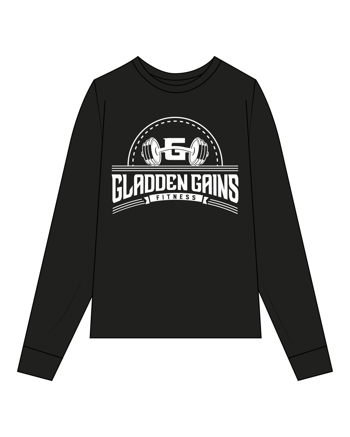 The Mens Long Sleeve - Black - Gladden Gains - Center Chest Stacked - White
