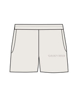 The Womens Sweat Shorts - Bone - Golden Hour Pilates - Left Leg Pocket - Printed - Tone on Tone