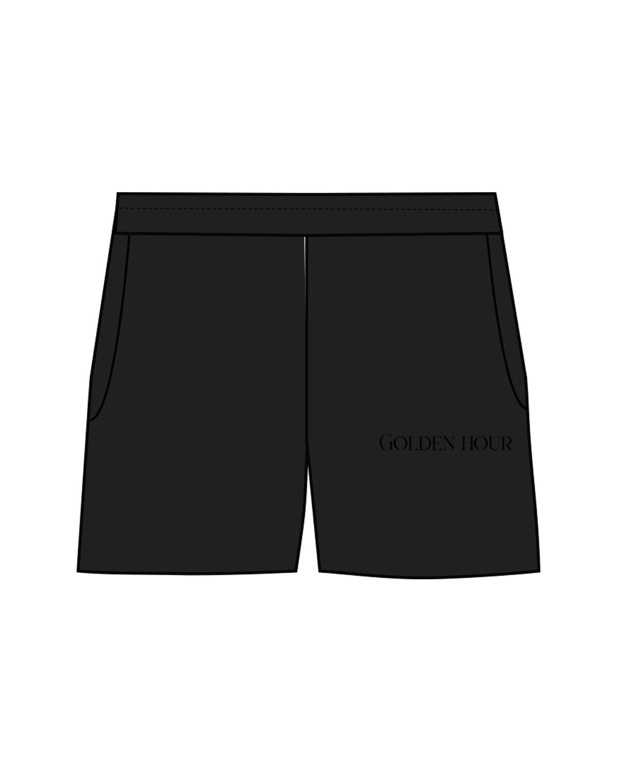The Womens Sweat Shorts - Black - Golden Hour Pilates - Left Leg Pocket - Printed - Tone on Tone