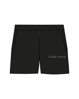 The Womens Sweat Shorts - Black - Golden Hour Pilates - Left Leg Pocket - Printed - Bone