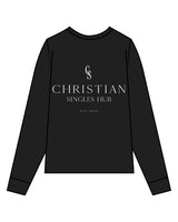 The Mens Long Sleeve - Black - Christian Singles Hub - Left Chest & Center Back Stacked - Printed - White