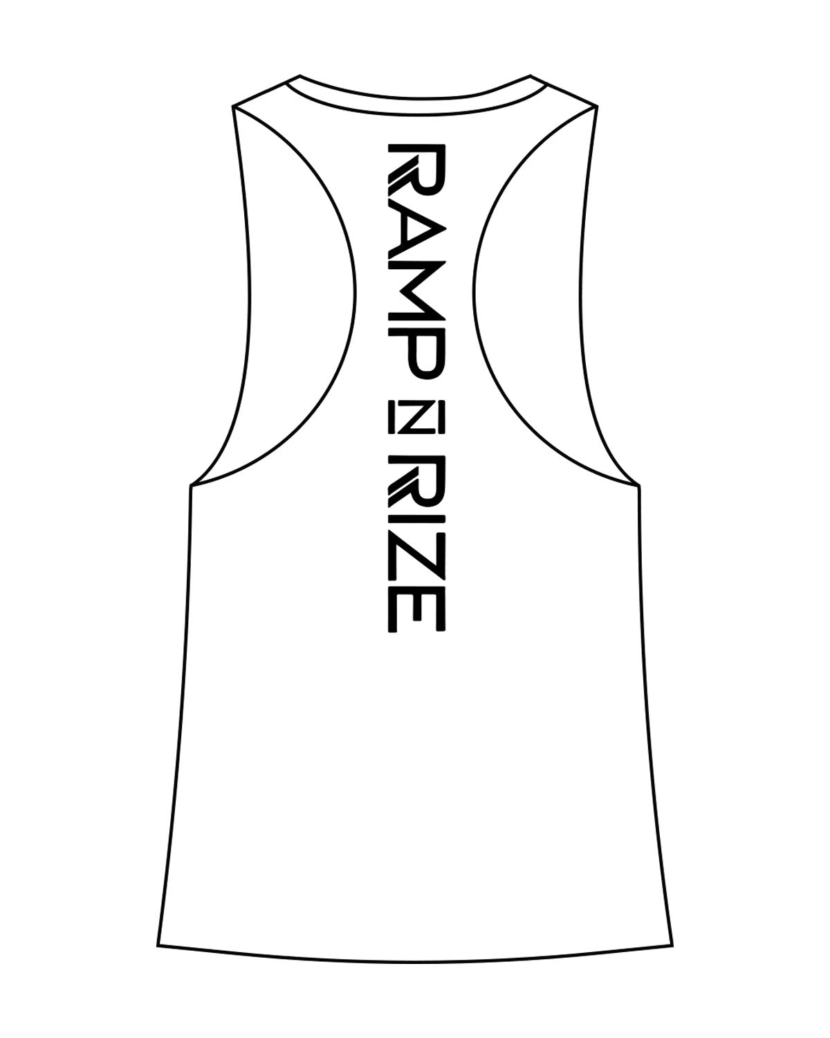 The Womens Racerback Tank - White - Ramp N Rize - Center Chest & Back Spine - Black