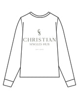 The Womens Long Sleeve - White - Christian Singles Hub - Left Chest & Center Back Stacked - Printed - Dark Green