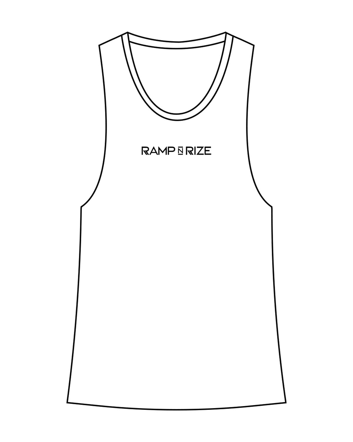 The Womens Racerback Tank - White - Ramp N Rize - Center Chest & Back Spine - Black