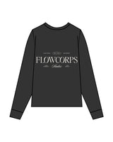 The Mens Heavyweight Long Sleeve - Washed Black - Flowcorps - Center Chest & Back Center Stacked - Ivory