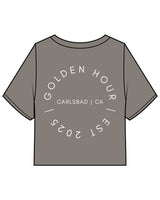The Heavyweight Crop Tee - Washed Gray - Golden Hour Pilates - Left Chest Round - Back Round - Printed - White