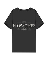 The Mens Heavyweight Tee - Washed Black - Flowcorps - Center Chest & Back Center Stacked - Ivory