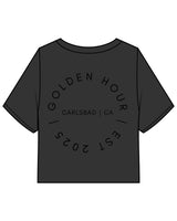 The Heavyweight Crop Tee - Washed Black - Golden Hour Pilates - Left Chest Round - Back Round - Printed - Black