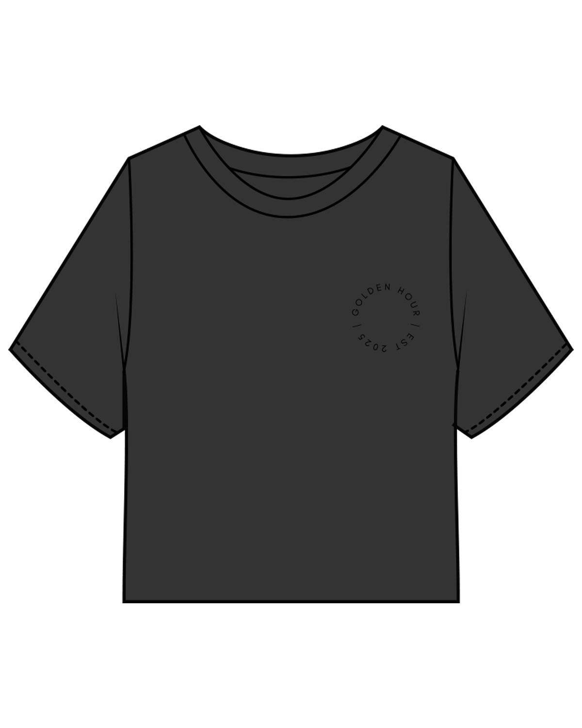 The Heavyweight Crop Tee - Washed Black - Golden Hour Pilates - Left Chest Round - Back Round - Printed - Black
