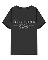 The Womens Heavyweight Tee - Washed Black - Golden Hour Pilates - Left Chest - Back Stacked - Printed - White