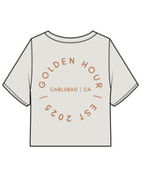 The Heavyweight Crop Tee - Washed Bone - Golden Hour Pilates - Left Chest Round - Back Round - Printed - Orange