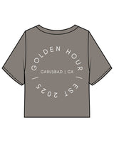 The Heavyweight Crop Tee - Washed Gray - Golden Hour Pilates - Left Chest - Back Round - Printed - Cream