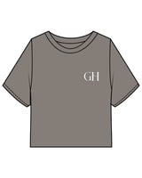 The Heavyweight Crop Tee - Washed Gray - Golden Hour Pilates - Left Chest - Back Round - Printed - Cream