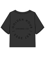 The Heavyweight Crop Tee - Washed Black - Golden Hour Pilates - Left Chest - Back Round - Printed - Black