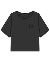 The Heavyweight Crop Tee - Washed Black - Golden Hour Pilates - Left Chest - Back Round - Printed - Black
