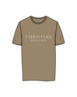 The Mens Tee - Sand - Christian Singles Hub - Center Chest Stacked & Center Back Neckline - Printed - White