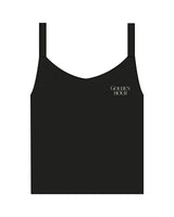 The Micro Rib Strappy Crop Tank - Black - Golden Hour Pilates - Left Chest - Printed - Cream