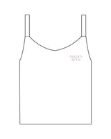 The Micro Rib Strappy Crop Tank - White - Golden Hour Pilates - Left Chest - Printed - Bone