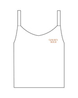 The Micro Rib Strappy Crop Tank - White - Golden Hour Pilates - Left Chest - Printed - Burnt Orange