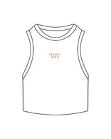 The Ribbed Crop Tank - White - Golden Hour Pilates - Center Chest Stacked - Embroidered - Burnt Orange