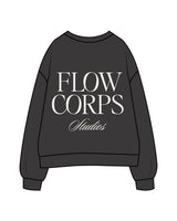 The Mens Crewneck - Washed Black - Flowcorps - Left Chest & Back Stacked - Ivory