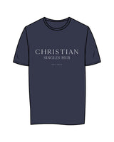 The Mens Tee - Midnight - Christian Singles Hub - Center Chest Stacked & Center Back Neckline - Printed - White