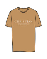 The Mens Tee - Camel - Christian Singles Hub - Center Chest Stacked & Center Back Neckline - Printed - White