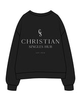 The Mens Crewneck - Black - Christian Singles Hub - Left Chest & Center Back Stacked - Printed - White