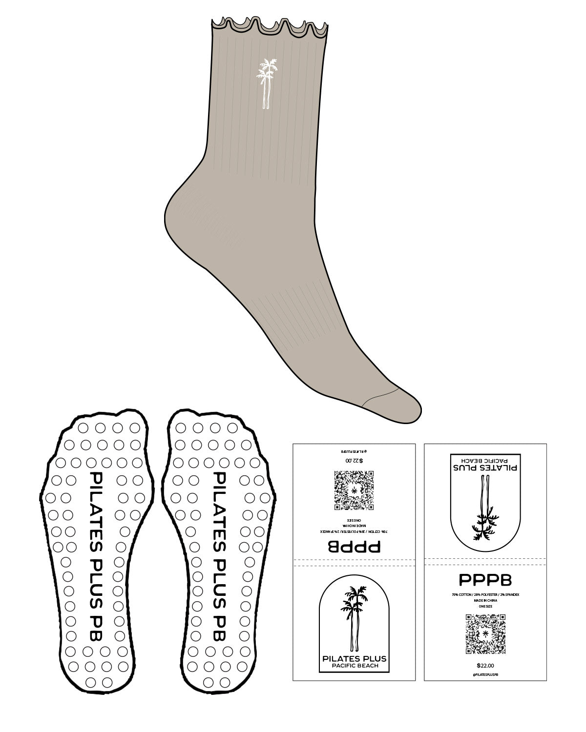 The 3/4 Crew Sock - Tan - Pilates Plus PB - Top Icon - White - Embroidered - Circle Shape Grip - White