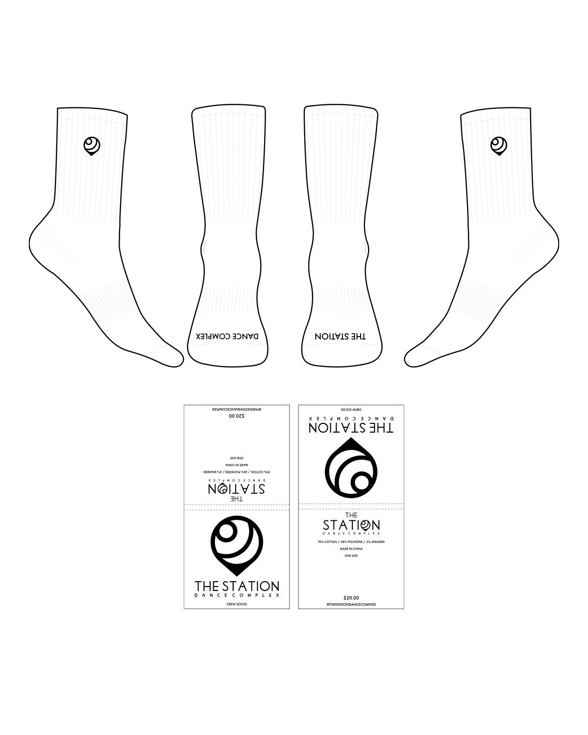 The Crew Sock - White - TSDC - Top & Front Logos - Black