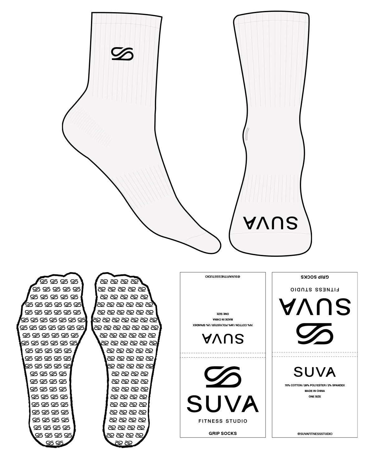 The 3/4 Crew Sock - White Heather - SUVA - Top & Front Logo - Black - Icon Shape Grip - Black