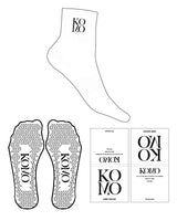 The 1/2 Crew Sock - White - Komo Studio - Top Logo - Black - Triangle Shape Grip - Black