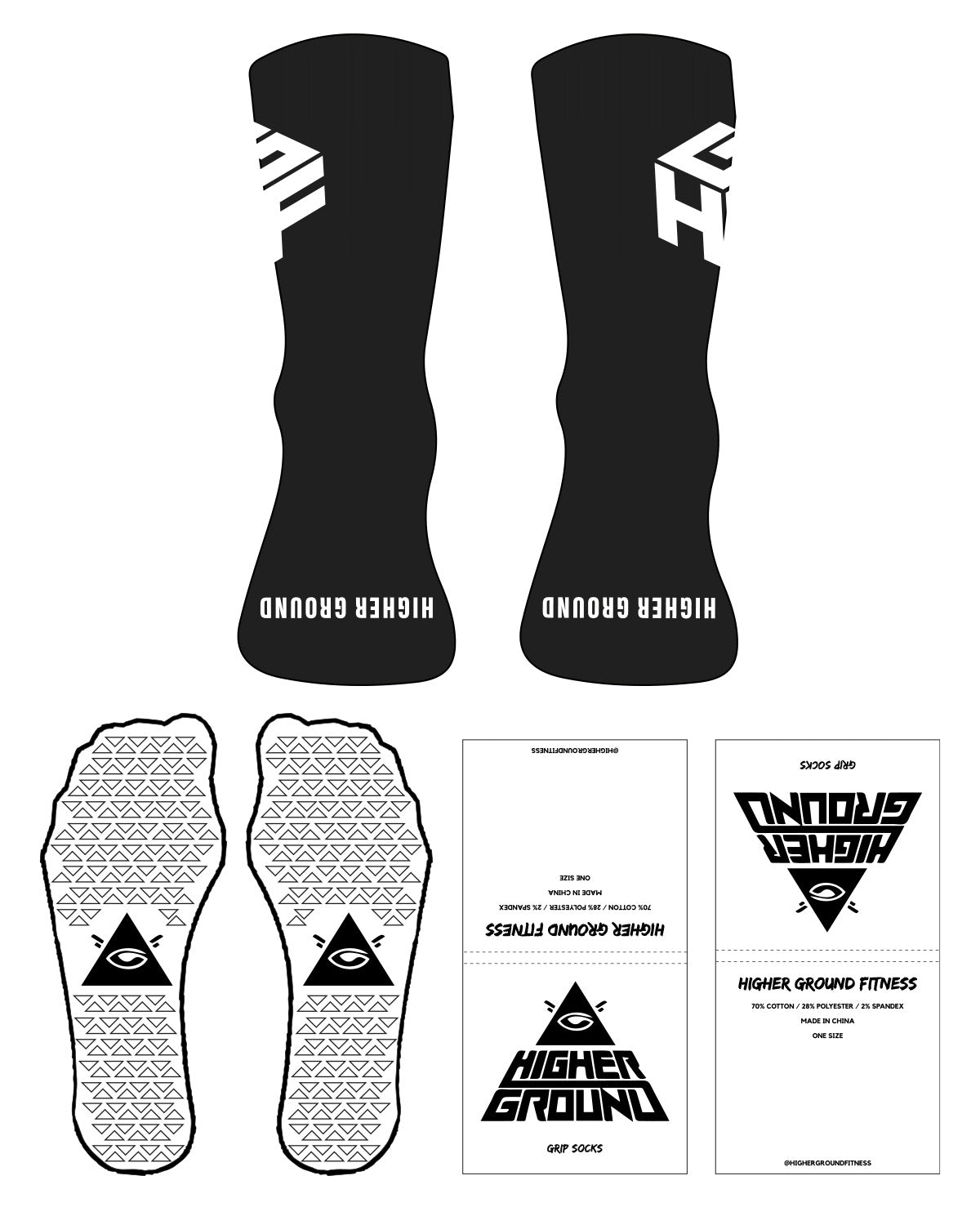 The 3/4 Crew Sock - Black - Higher Ground - Left & Right Upper Sides - Icon  - White - Triangle Grips - Black