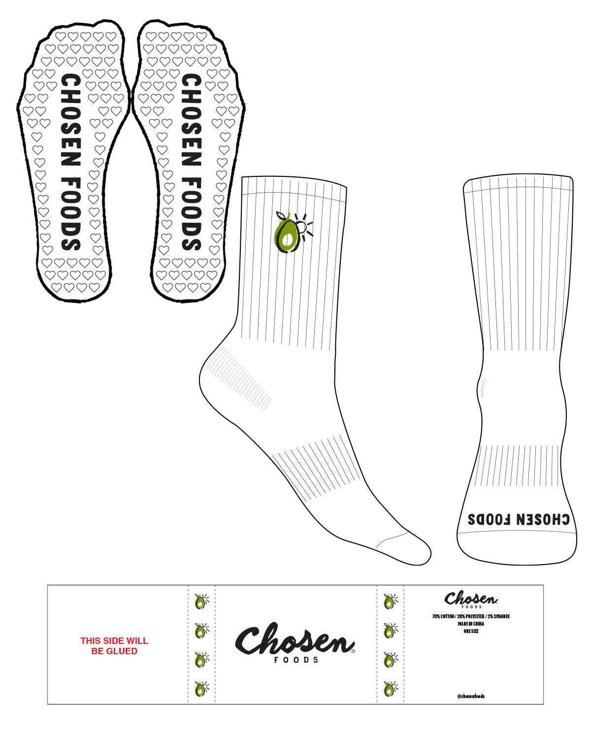 The Crew Sock - White - Chosen Foods - Top & Bottom - Heart Grip - Black