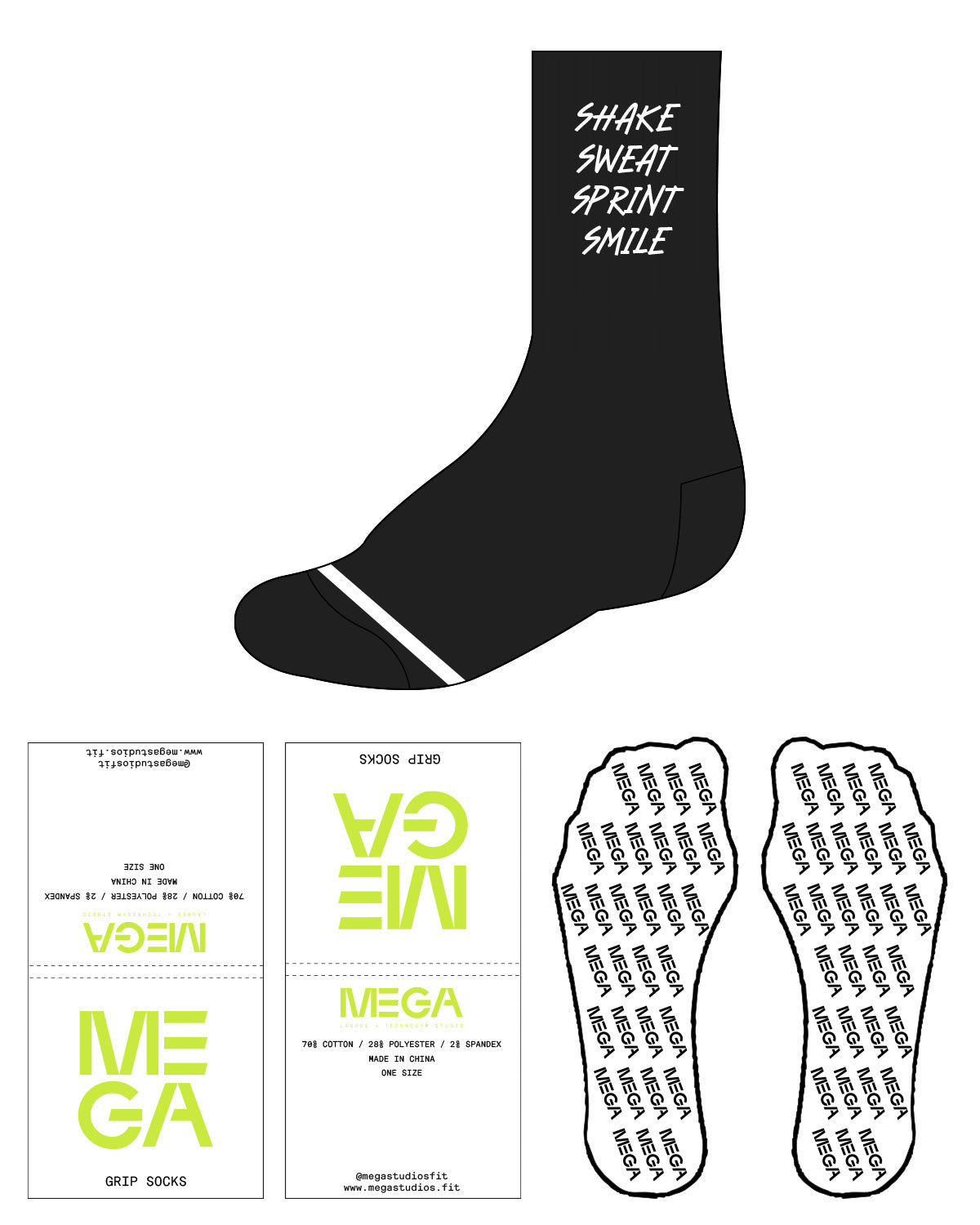 The Crew Sock - Black - Mega NJ - Front & Top Stacked - Mega Shape Grip - White