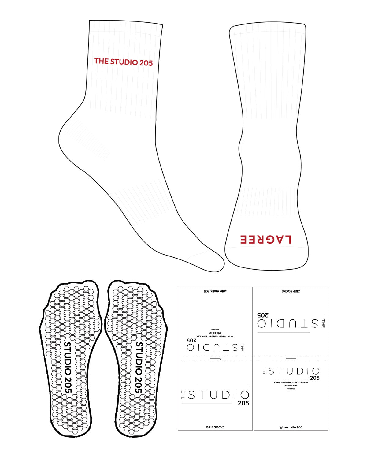 The 3/4 Crew Sock - White - Studio 205 - Ankle & Toe - Red - Hexagon Grip - Red