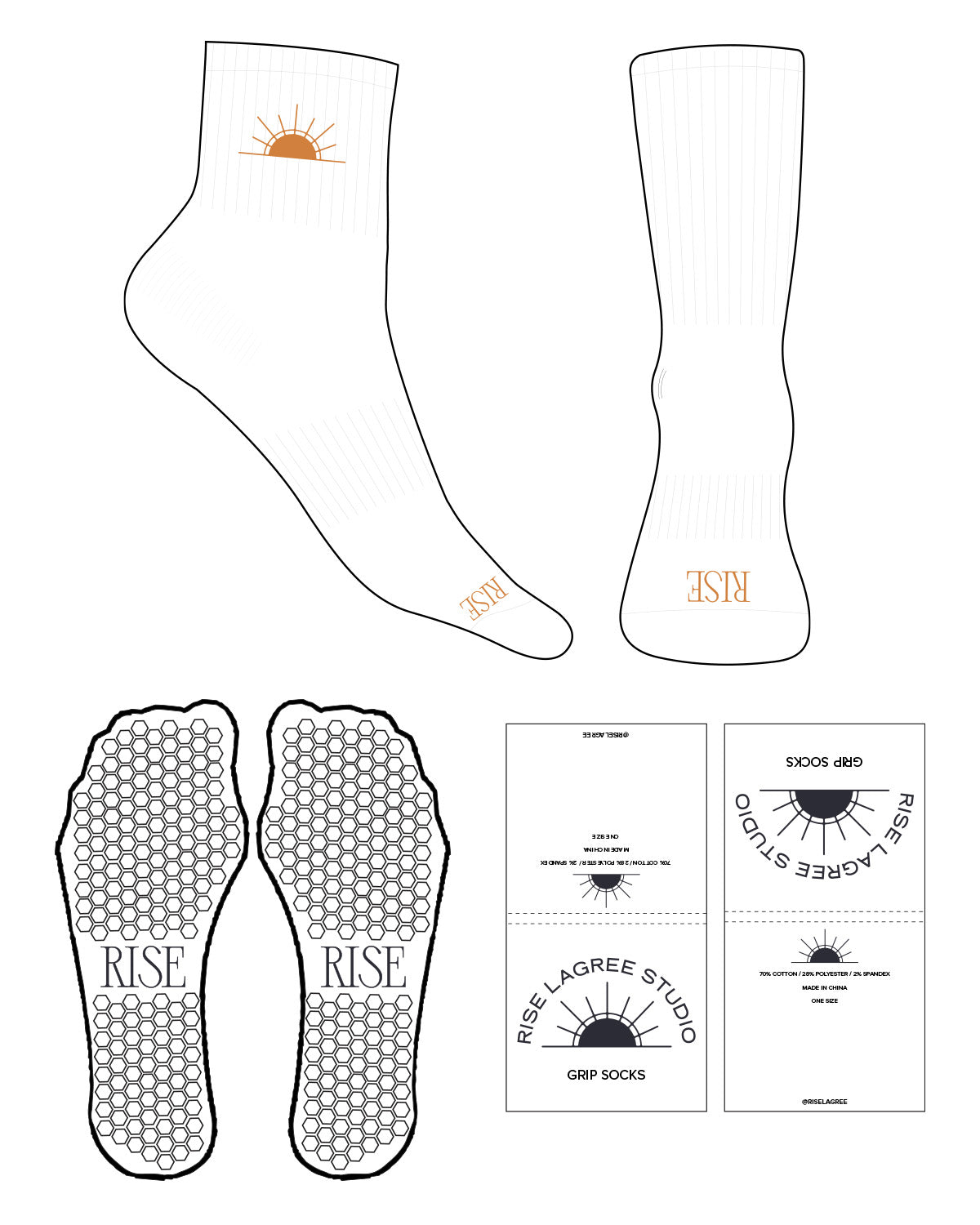 The 1/2 Crew Sock - White - Rise Lagree - Top Logo & Bottom Text - White Hexagon Grip - Orange