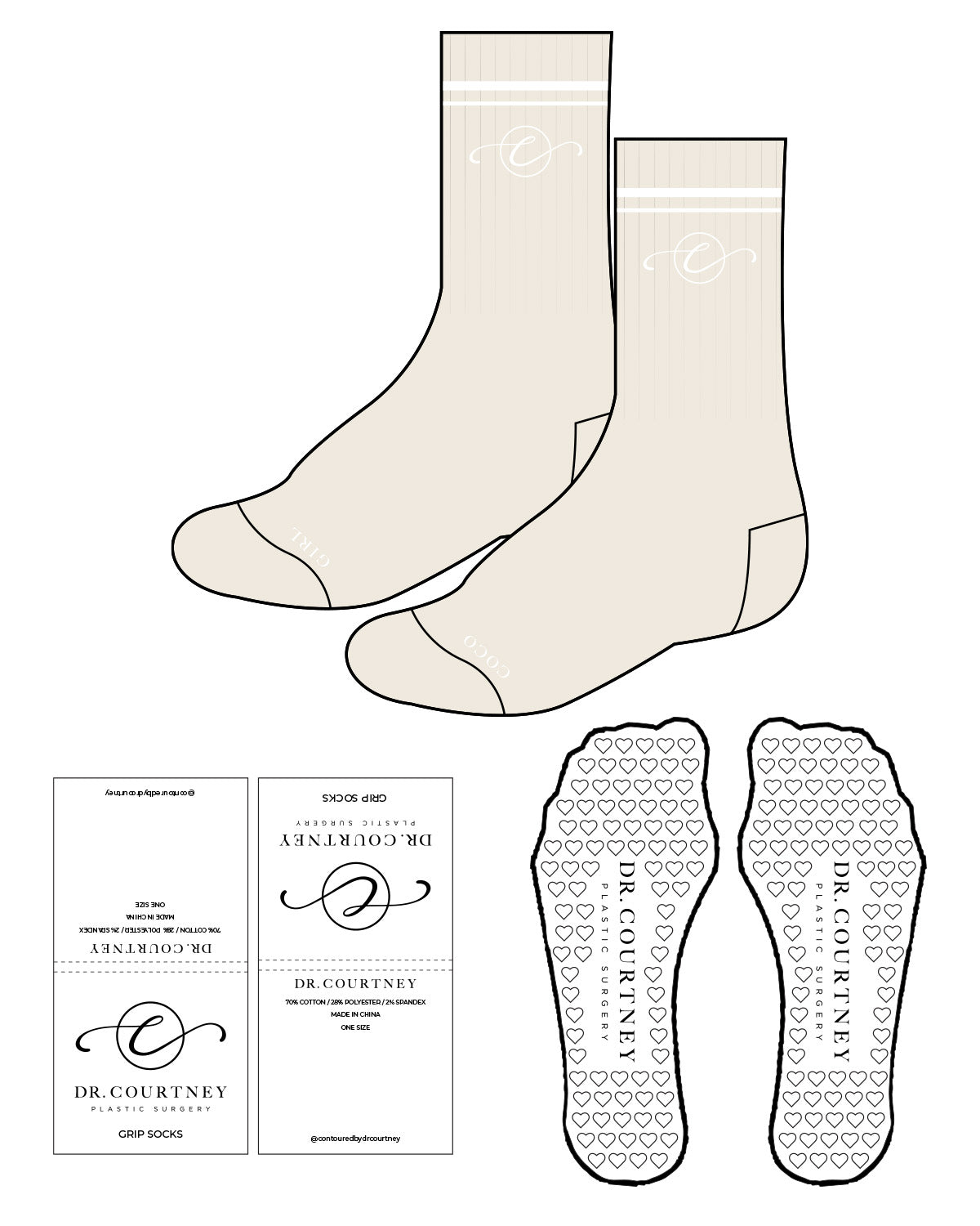 The Crew Sock - Off White - Dr. Courtney - 2 Lines - Center C - Bottom Text - White - Heart Shape Grip - White