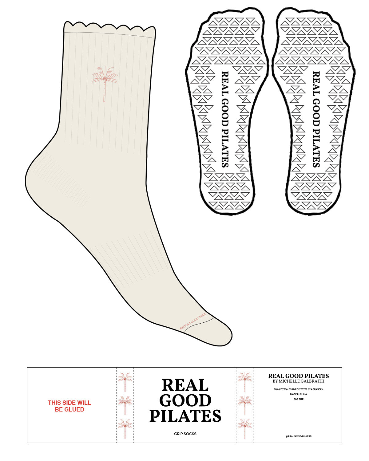 The 3/4 Crew Sock - Off White - Real Good Pilates - Top & Tip Toe Logos - Terracotta (bc6352) - Triangle Shape Grips - Transparent