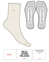The 3/4 Crew Sock - Off White - Real Good Pilates - Top & Tip Toe Logos - Terracotta (bc6352) - Triangle Shape Grips - Transparent