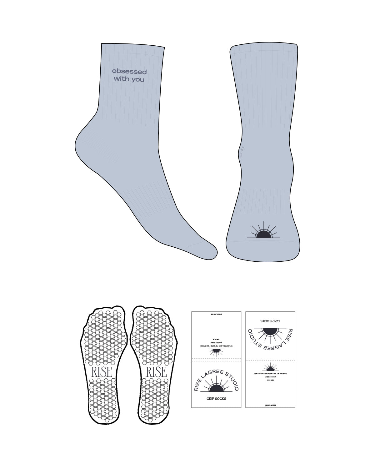The 3/4 Crew Sock - Powder - Rise Lagree - Top & Front Logo - Embroidered - Navy - Hexagon Shape Grip - Transparent
