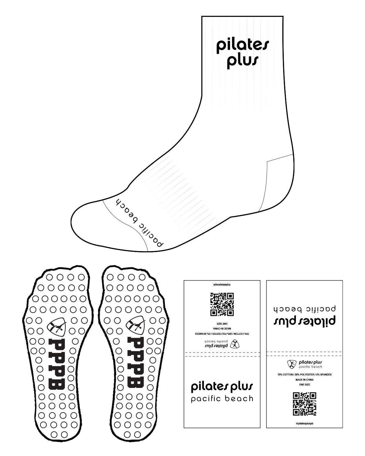 The 3/4 Crew Sock - White - Pilates Plus PB - Front & Top Stacked - Circle Grip - Black