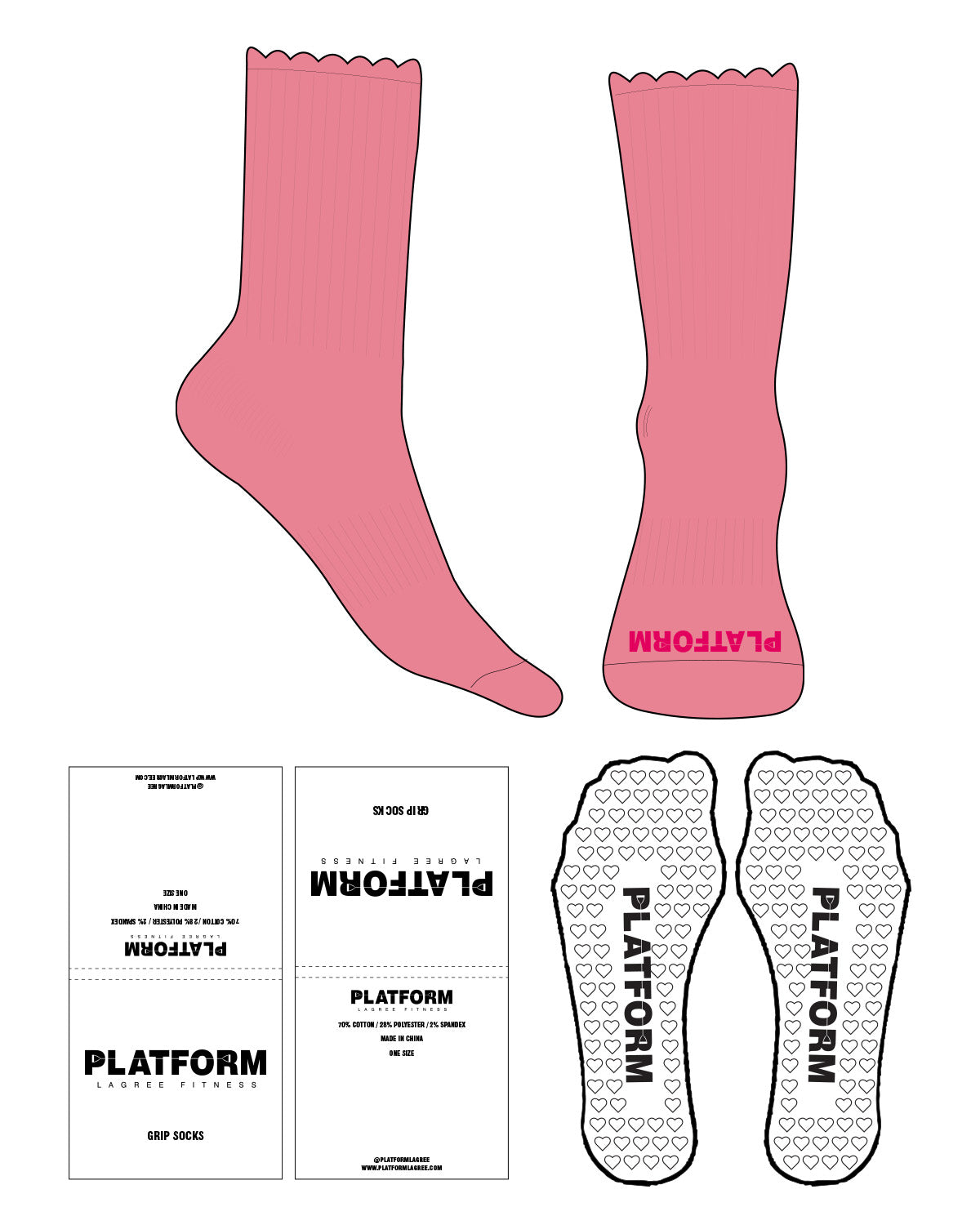 The Crew Sock - Pink(L94) - PLATFORM - Tip Text "Platform" - Dark Pink - Heart Shape Grip - Dark Pink