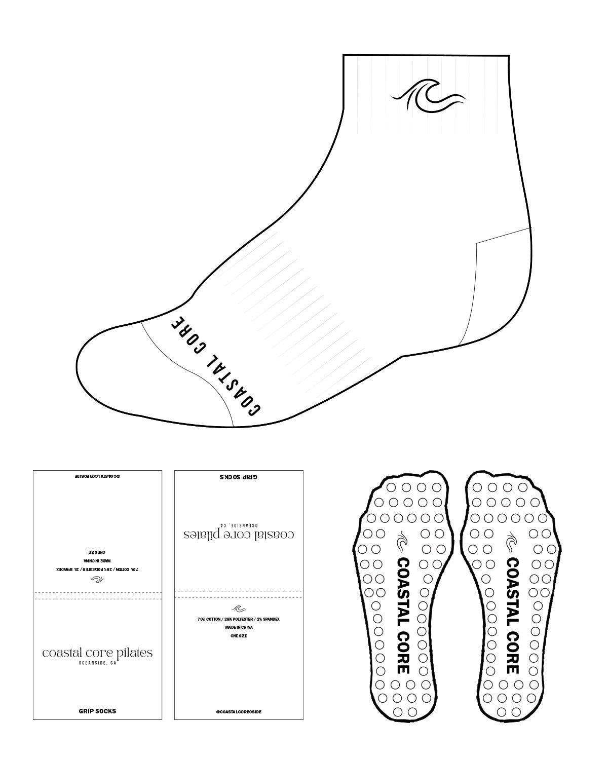 The 1/2 Crew Sock - White - Coastal Core Oceanside - Front Tip & Top Lining - Circle Grip - Black