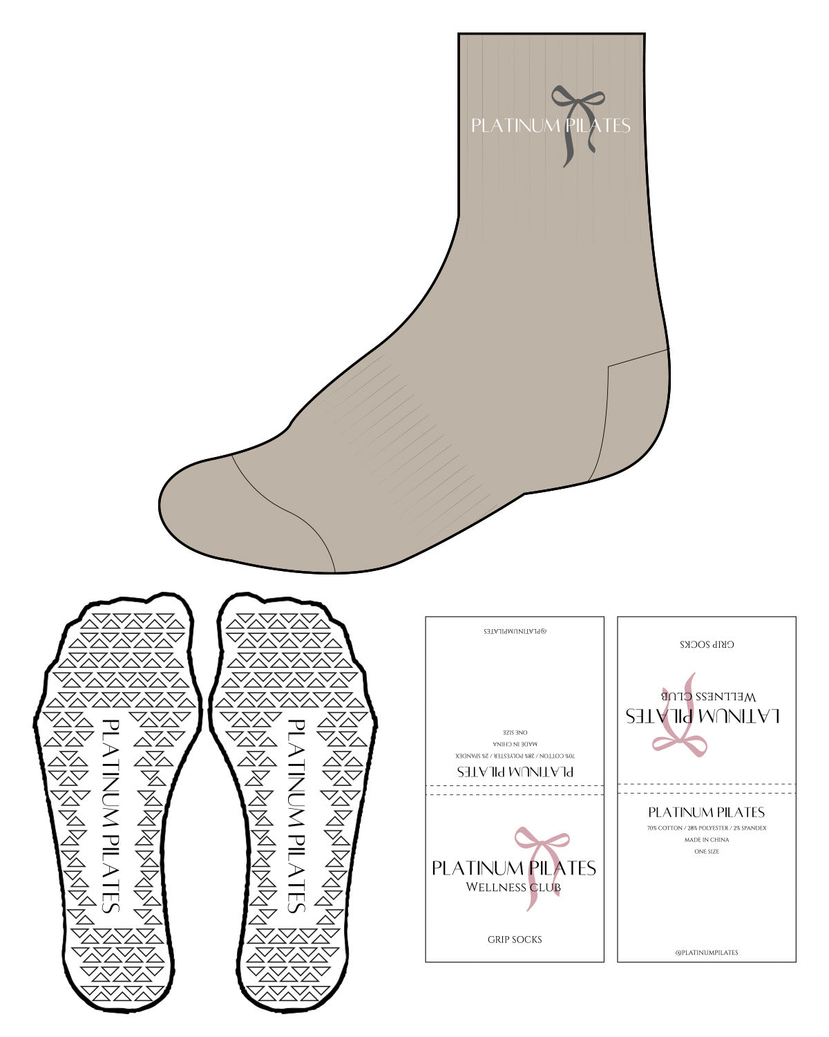 The 3/4 Crew Sock - Tan - Platinum Pilates - Top Center Ribbon - Full Color - Triangle Shape Grip - White